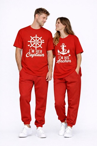 Sevgili Kombini Oversize Çift Tişört Unisex Captain Anchor Baskıl Kırmızı