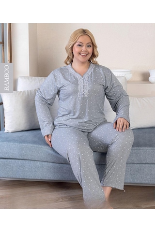Derya Kadın Büyük Beden Dantel Yaka Bambu Uzun Kol İnce Pijama Takımı 8116g - 1 Adet Gri