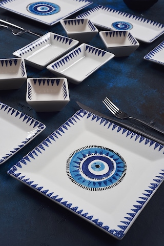 Piatti Naturali 12 Parça 4 Kişilik Nazar Kahvaltı Takımı Handmade Sunum Set Mavi