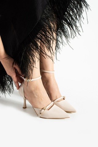 Dabab Shoes Elvora Kadın Bej Sivri Burun 7 Cm İnce Topuklu Bilekten Bantlı Tokalı Rugan Klasik Ayakkabı