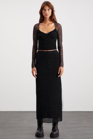 Grımelange Beulah Kadın Maxi Boy Slim Fit Beli Lastikli Tül Batik Desenli Siyah Etek Siyah