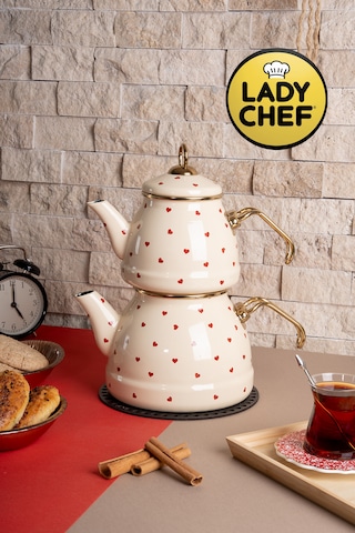 Lady Chef Kalp Desenli Emaye Çaydanlık Takımı