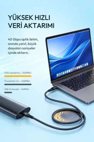 Thunderbolt 3/4 Usb4 Type-c Kablo 50 Cm, 240w Pd Hızlı Şarj, 40gbps Veri Aktarımı, 8k 60hz Görüntü, Daisy Chain, Örgülü Tam Fonksiyon Kablo U706b