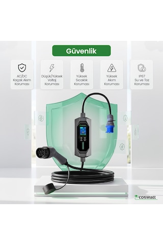Coswatt Taşınabilir EV Şarj Cihazı CS-P1-32A / 7.4kW / 5m / Türkçe / 220V AC / Tip-2 / 3x32A CEE / Ev Tipi Dönüştürücü / Çanta