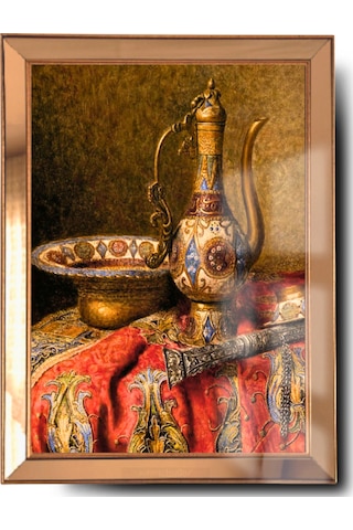 Ayna Çerçeveli Cama Baskılı Ottoman Etnik Cam Kırmızı Gold Tablo