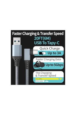 Reedark Vr Oyun Bilgisayarı Entegresi 5m/16ft Usb-typc Siyah Dirsekli Veri Kablosu - Kaliteli, Hafif Ve Dayanıklı