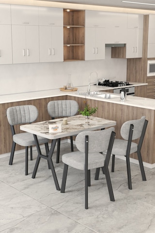 Gnr 70x110cm Sabit Efes Mutfak Masası Takımı, Yemek Masası, 4 Modern Gri Sandalye Gri
