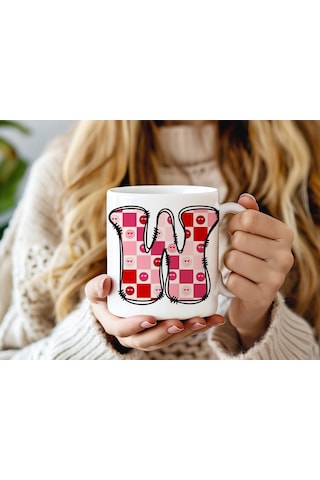 W Harfi Pembe Kareli Kalpli Göz Emojili Kupa Bardak Eğlenceli Kareli Tasarım Kahve Çay Kupası 07 Beyaz