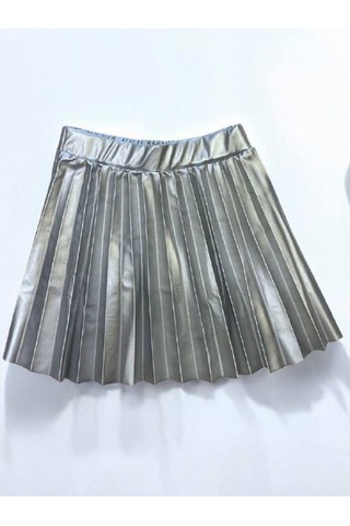 Kız Bebek Pileli Deri Etek-14903 Gümüş