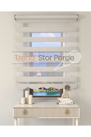 Geniş Plise Beyaz Etek Dilimli Zebra Stor Güneşlik Perde Kırık Ekru