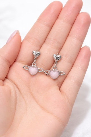 Paslanmaz Çelik Kalp Kanat Figürlü Pembe Taşlı Sallantılı Kadın Küpe Çok Renkli