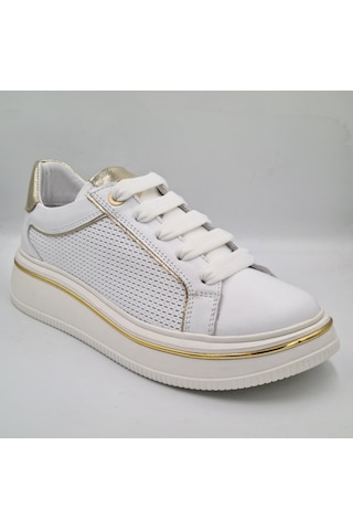 Mammamia D26ya-3890 Beyaz Altın Hakiki Deri Kadın Günlük Casual Sneaker Atakkabı Beyaz - Altın