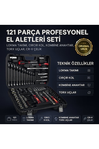 Srunv 121 Parça Profesyonel El Aletleri Seti Lokma Takımı, Cırcır Kol, Kombine Anahtar, Torx Uçlar, Cr-v Çelik