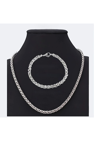Çelik Takı Seti Bileklik Kolye Burgu Zincir Model 2 Mm Kalınlık 18-55 Cm Uzunluk Gümüş Silver Gümüş