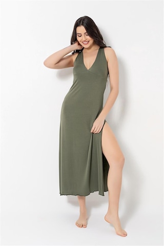 Monamise 18485 Kadın Kalın Askılı Göğüs Ve Sırt Dekoteli Brode Dantelli Yırtmaçlı Gecelik-haki Haki