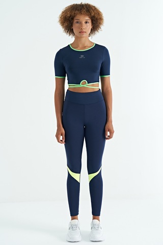 Tommy Life İndigo Bel Bağlama Detaylı O Yaka Standart Kalıp Dalgıç Kumaş Kadın Crop T-shirt - 97266 Indigo