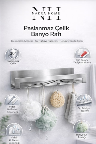 Paslanmaz Çelik Çok Amaçlı Banyo Ve Mutfak Rafı 4 Askılı, Yapışkanlı & Vidalı Kurulum Inox