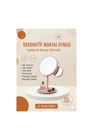 Led Işıklı Çift Taraflı Makyaj Aynası Büyüteçli, Geniş Açılı, Masa Üstü Dekoratif Ayna Pembe