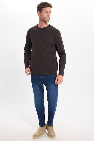 Tudors Unisex Relax Fit Rahat Kesim %100 Pamuk Uzun Kollu Bisiklet Yaka Kahverengi Basic Tişört-51284
