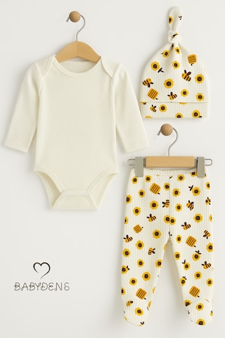 Babyden's Babydens Yenidoğan Bebek Hastane Çıkışı Seti 3'lü Pamuklu Zıbın Takımı Patikli Alt, Şapka, Arı Desenli Unisex Bebek Takımı Ekru
