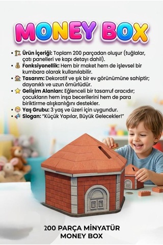 Tuğladan Kumbaram 200 Parçalı Minyatür Tuğlalı Kumbara Tasarımlı Eğitici Yapı Oyuncak Seti