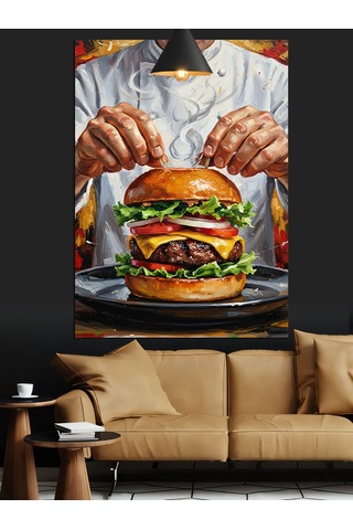 Burger Yapan Bir Adam Dekoratif Kanvas - Mdf Ahşap Tablo