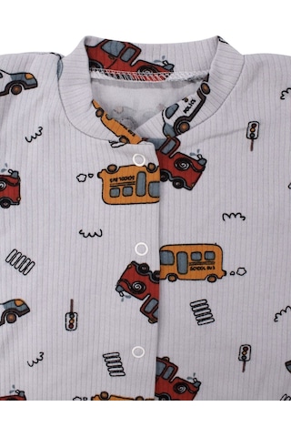 Bebegen Erkek Bebek Gri Otobüs Desenli Manşetli Çıtçıtlı Tulum Çok Renkli