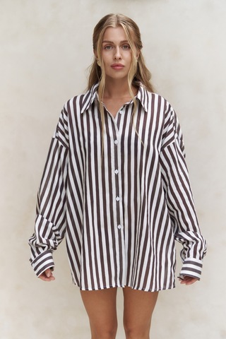 Rosy Transparan Çizgili Kahve Oversize Gömlek Kahve