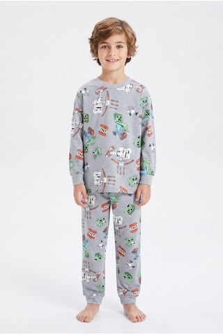 Bunny Hopp Erkek Çocuk Uzun Kollu Pijama Takımı %100 Pamuk Piksel Blok Desenli Penye Gri