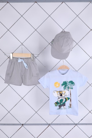 Babyhola 3'lü Tişört Keten Şort Şapka Erkek Bebek Çocuk Bayramlık Alt Üst Takım Elbise 02101 Mavi