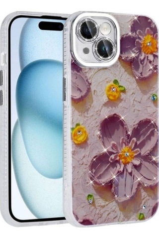 Apple Uyumlu iPhone 14 Kılıf Çiçek Desenli Parlak Taşlı Sert Silikon Zore Garden Kapak Mor
