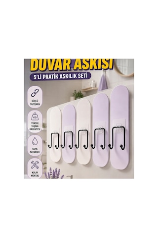 5'li Yapışkanlı Çok Amaçlı Duvar Askısı Seti Çok Renkli