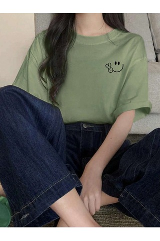 Noıssey Karikatür Ve Grafik Tasarım Oversize T-shirt Cartoon/letter Serisi Kod85 Yeşil