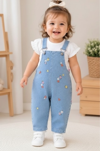 Altıntaş Baby Renkli Çiçek Nakışlı Kot Görünümlü Örme Kumaş Yazlık T-shirt 2li Salopet Set Beyaz Beyaz