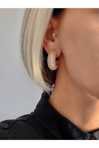 Yarım Halka Boru Model Full Taşlı Elegant Altın Kaplama Gold Renkli Çelik Küpe Gold