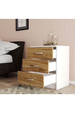 Moxen Mobilya Beyaz-Ceviz 3 Çekmeceli Komodin KMD3002