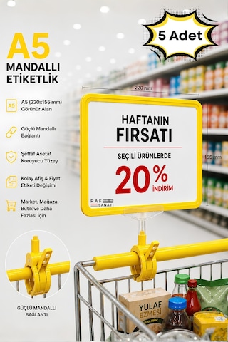 5 Adet - A5 Mandallı Etiketlik Fiyatlık Sepet Raf Askılık Fiyat Etiketi Çerçeveli Market Mağaza Sarı