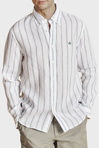 Brooks Brothers % 100 Keten Düğmeli Yaka Çizgili Gömlek Erkek Gömlek Bbss26msh013166 Yeşil-beyaz