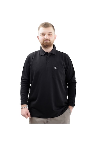 Mode Xl Büyük Beden Erkek Sweatshirt Polo Yaka Uzun Kol Waffle 23449 Siyah Siyah