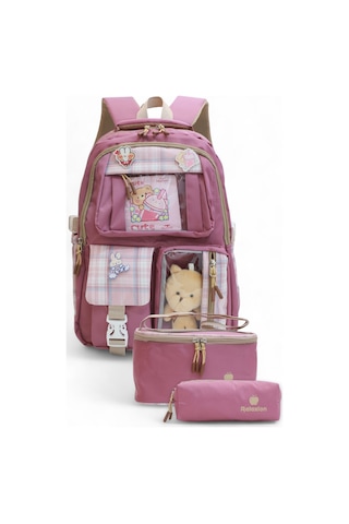 Relaxion 2203-1395 Kore Tarzı Unisex Çocuk Üçlü Set İlkokul Sırt Çantası Gülkurusu