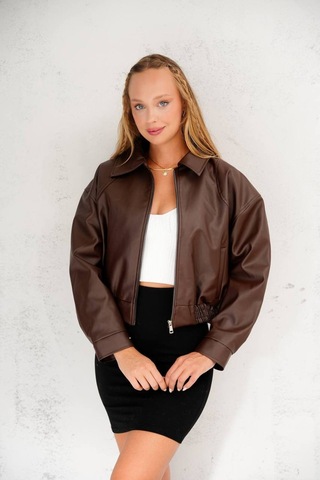 Dandissi Sport Oversize Yeni Sezon Bomber Deri Ceket Kahverengi Kahverengi