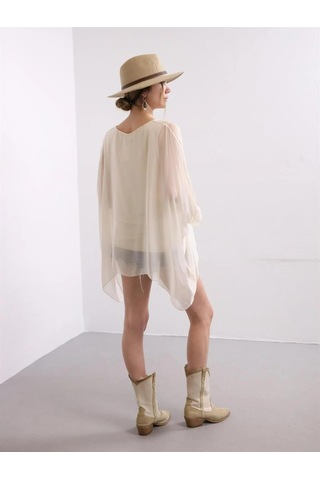 İtalyan Yarasa Kol İpek Bluz-8869 Krem