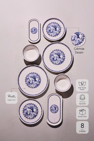 French Vintage 8 Parça 2 Kişilik Yemek Takımı Cokrenklı Desenli