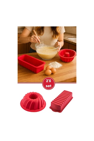 Silicolife 2 Li Silikon Kek Kalıbı Seti, Baton Kek Kalıbı Ve Burgu Kek Kalıbı Seti Yerli Üretim Kırmızı Kırmızı