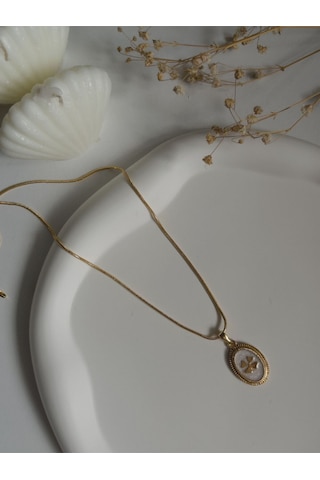 Handmade Pirinç Üzeri Altın Kaplama Oval Yonca Plaka Kadın Kolye -cloverluck Sevgiliye Hediye
