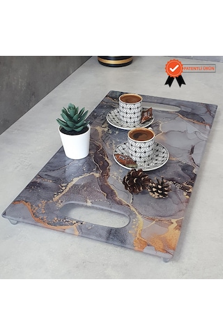 Decorita Cam Tepsi Gold Mermer Desen 29Cm X 52Cm