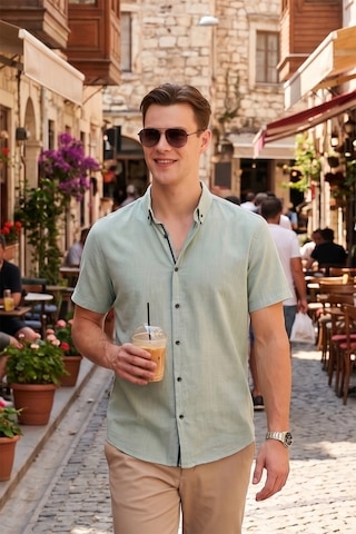 Buratti Pamuklu Slim Fit Düğmeli Yaka Kısa Kollu Erkek Gömlek Cf21S112546 Elma Yeşili