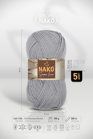 Süper İnci - 11538 Gri - 5'li Paket - 100gr/260m - El Örgü İpi - Atkı Yelek Kazak İpi