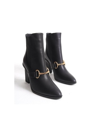 Mubiano Hakiki Deri Collection Kadın Metal Tokalı Lastik Detaylı Topuklu Kısa Bot Siyah - Mcalm2262 - S Siyah
