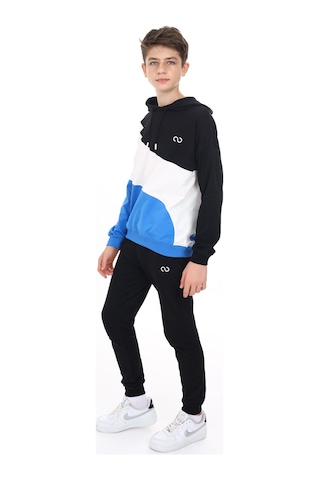 Toontoy Kids Toontoy Erkek Çocuk 2'li Takım Baskılı Kapüşonlu Sweatshirt & Beli Paçası Lastikli Cepli Jogger Eşofman Altı - Renk Bloklu & 2 İplik Saks